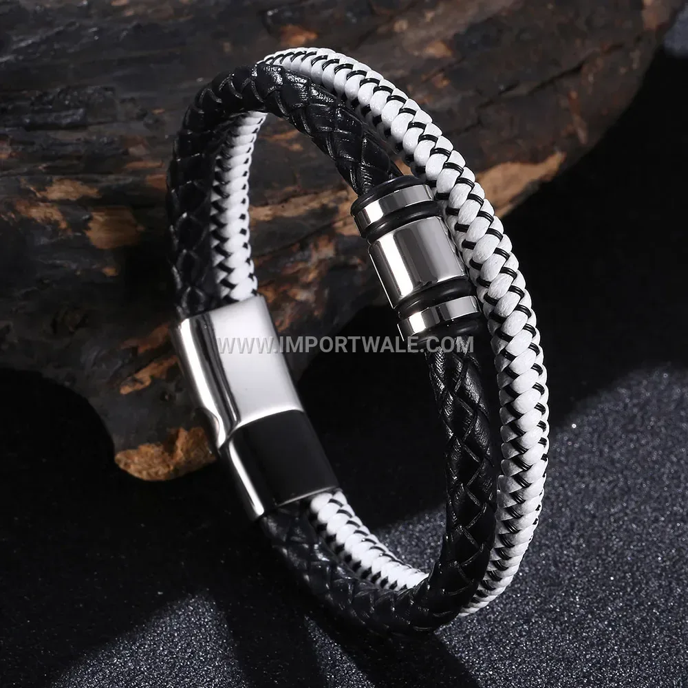 Braided Microfiber Leather Wristband with Stainless Steel Clasp