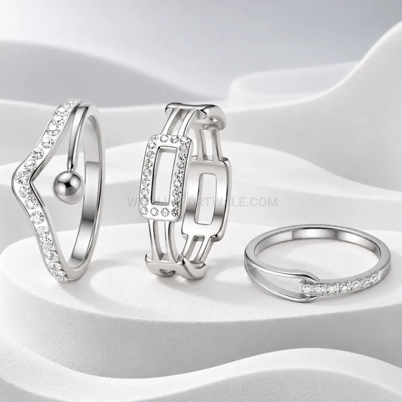 Stainless Steel Geometric Hollow Cutout Ring Set with Beaded Accents