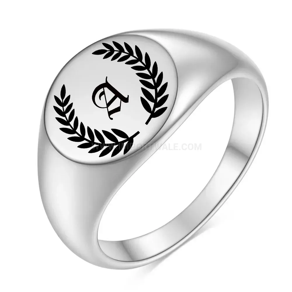 Classic Engraved Initial Leaf Circular Stainless Steel Signet Ring