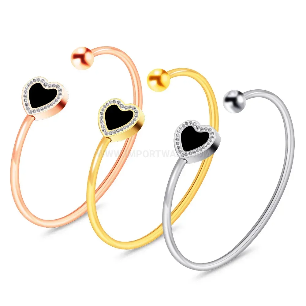 Classic Stainless Steel Rhinestone Heart Open Bangle Bracelet