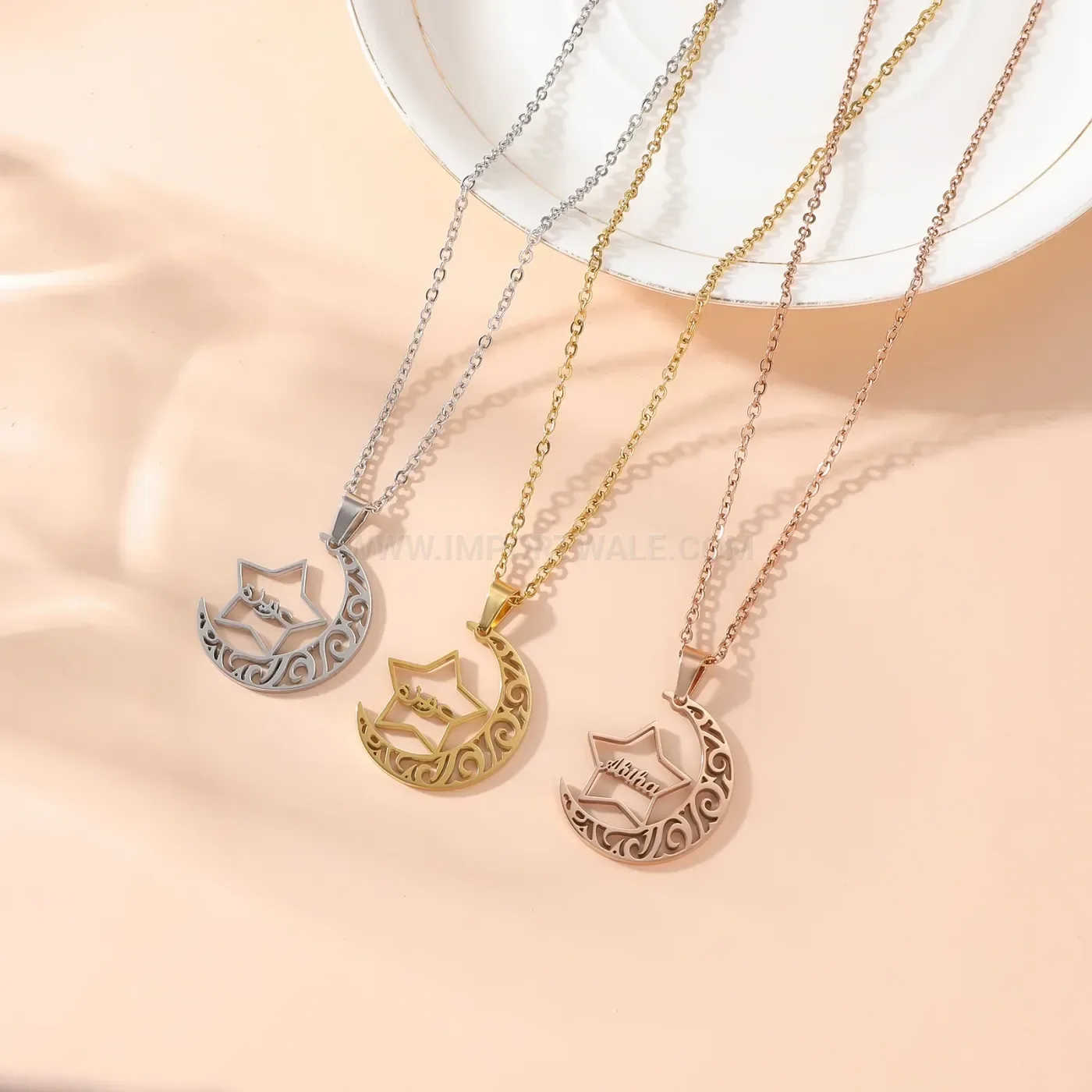 Chic Crescent Moon Star Arabic Script Stainless Steel Islamic Necklace