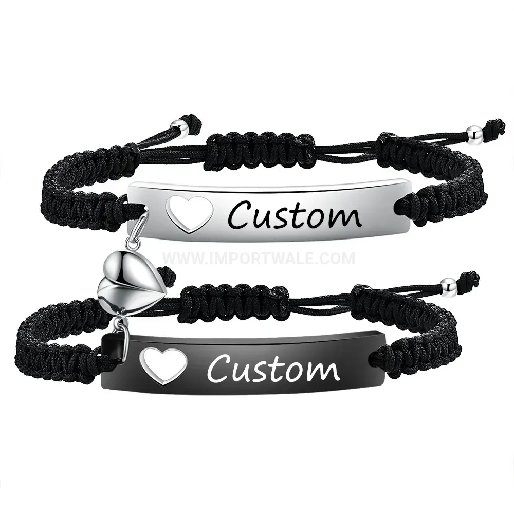 Custom Engraved Stainless Steel Heart Magnetic Couple Braided Bracelet Set
