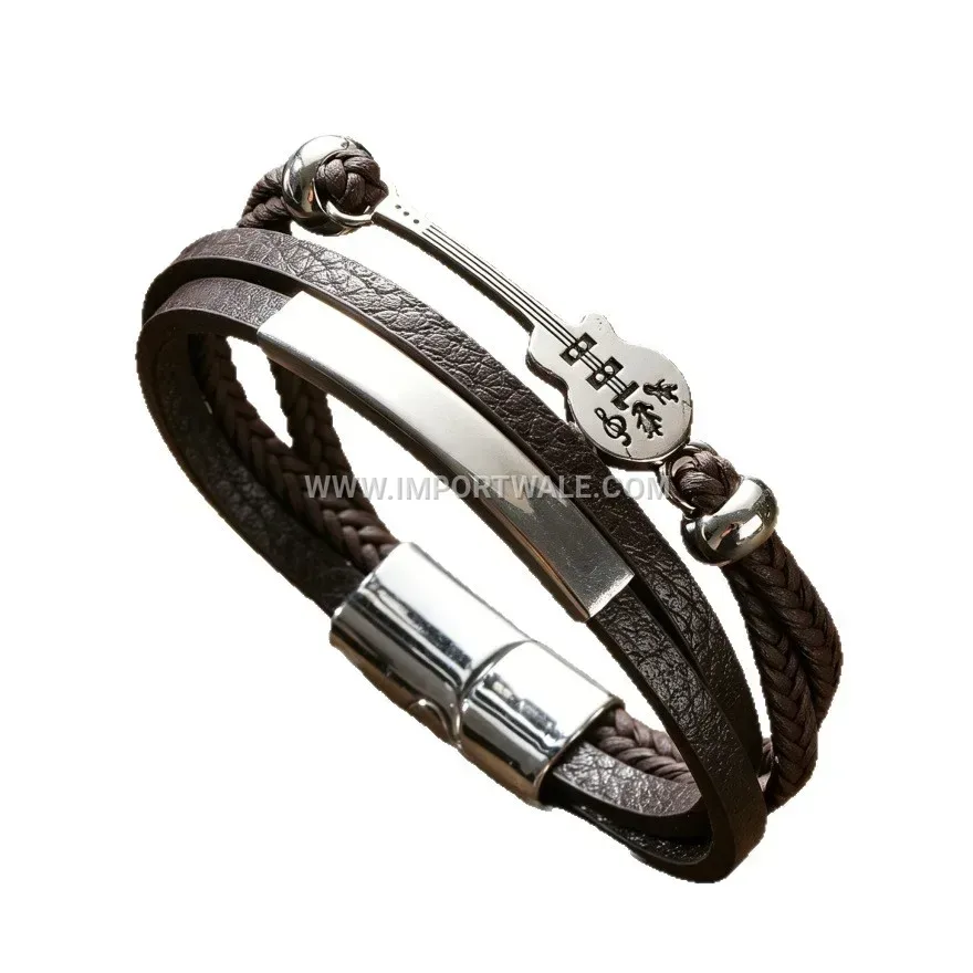 Multi-Layer Braided PU Leather Guitar Charm Bracelet