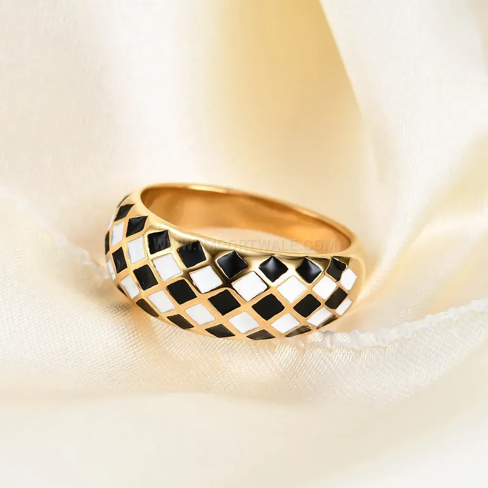 Geometric Diamond Pattern Checkerboard Stainless Steel Ring
