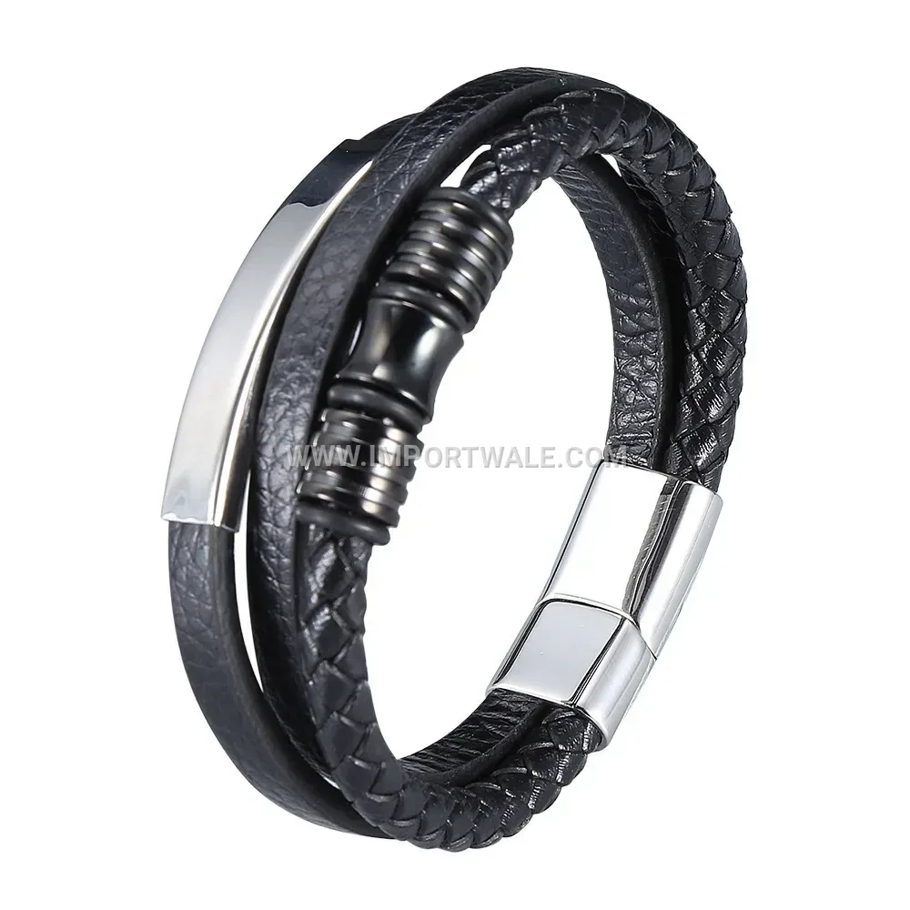 Multi Layer Braided Leather Stainless Steel Magnetic Bracelet