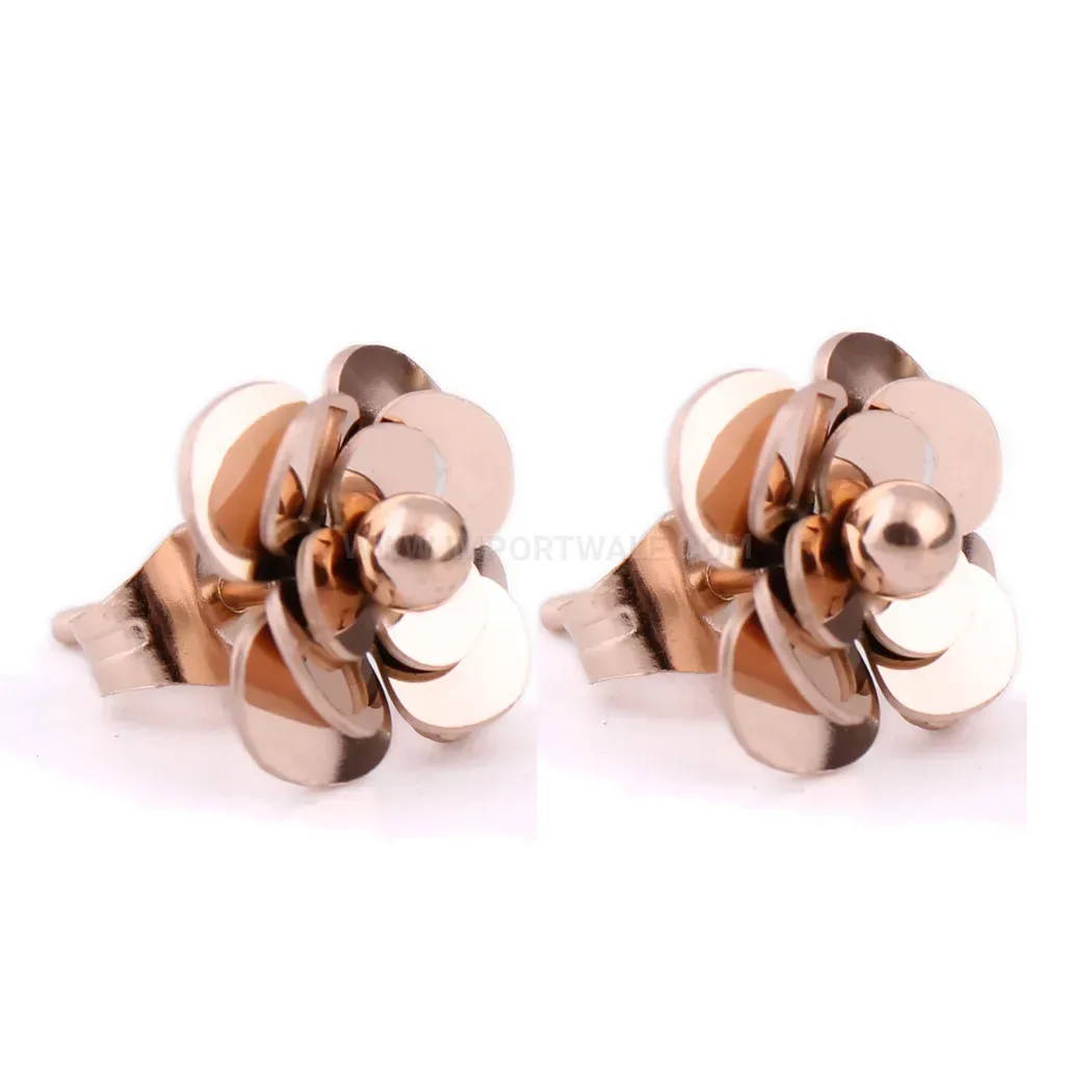 Premium Stainless Steel Camellia Rose Gold Floral Stud Earrings