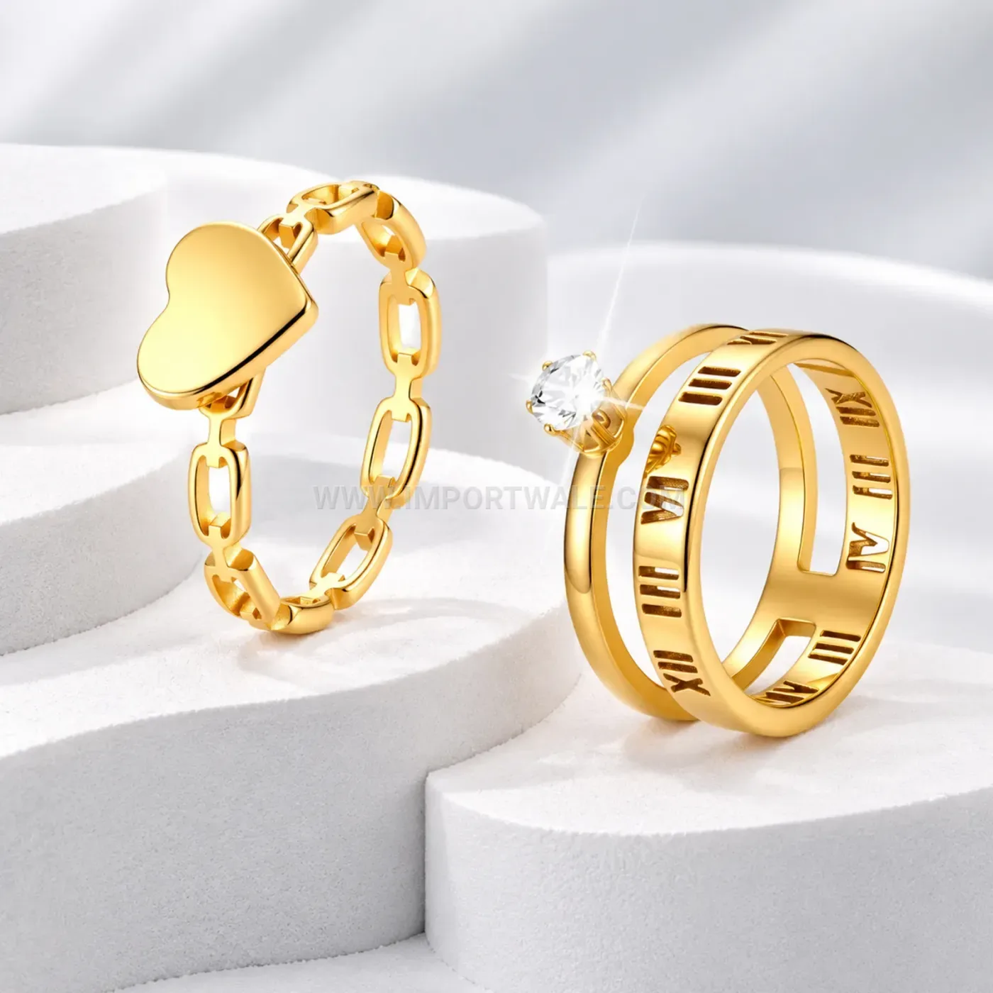 Roman Numeral Cutout Gold Plated Stainless Steel Ring Set