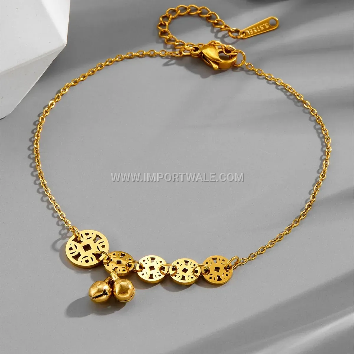 Vintage Coin Bell Charm Gold Toned Premium Anklet Anti Tarnish