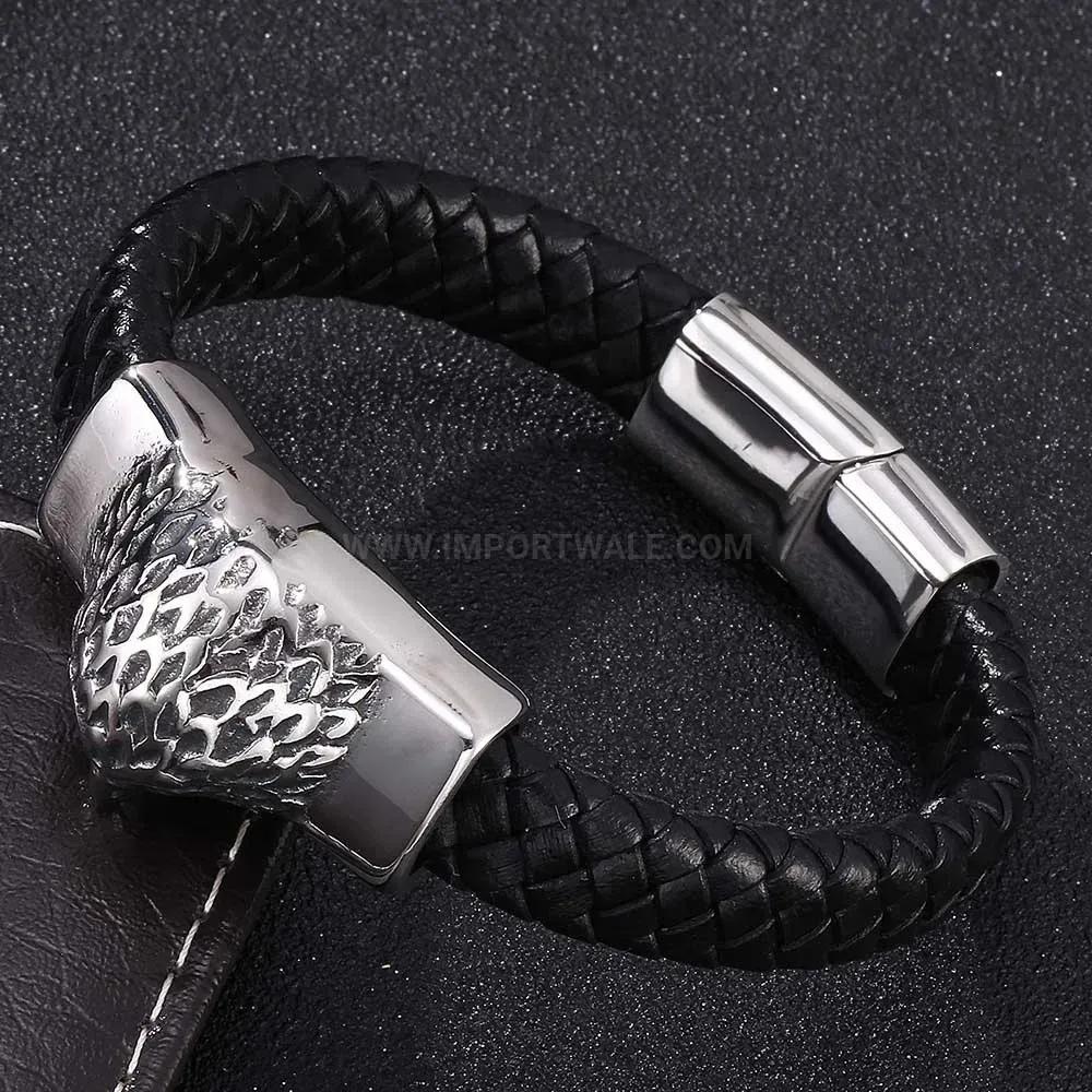 Eagle Head Woven Leather Stainless Steel Bangle Bracelet
