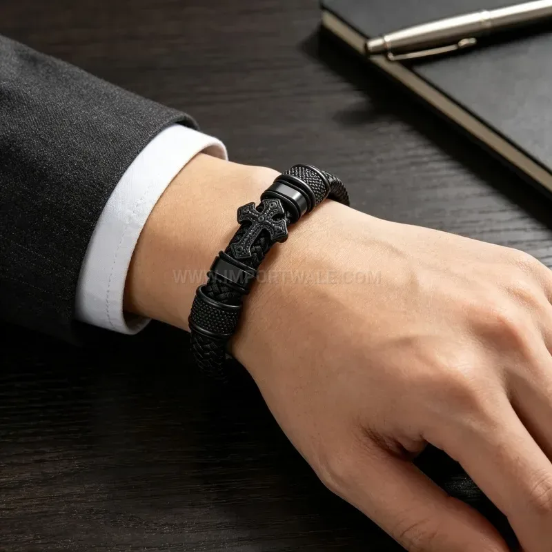 Trendy Braided Leather Cross Charm Wristband with Magnetic Clasp