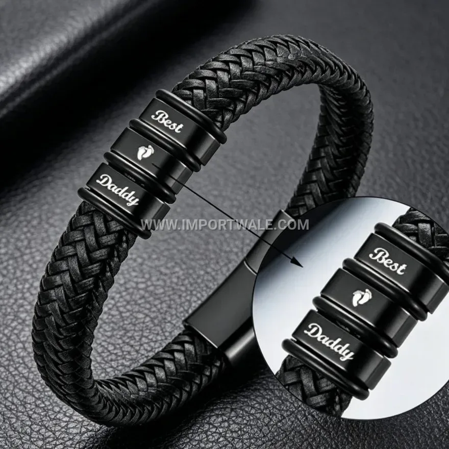 Braided Leather and Stainless Steel Magnetic Charm Bracelet