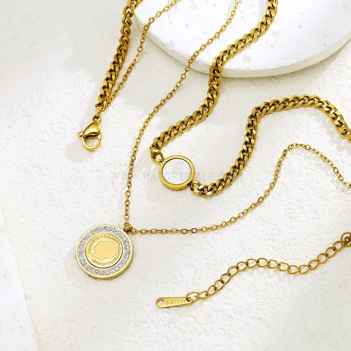 Gold Oval White Shell Portrait Stainless Steel Pendant Necklace