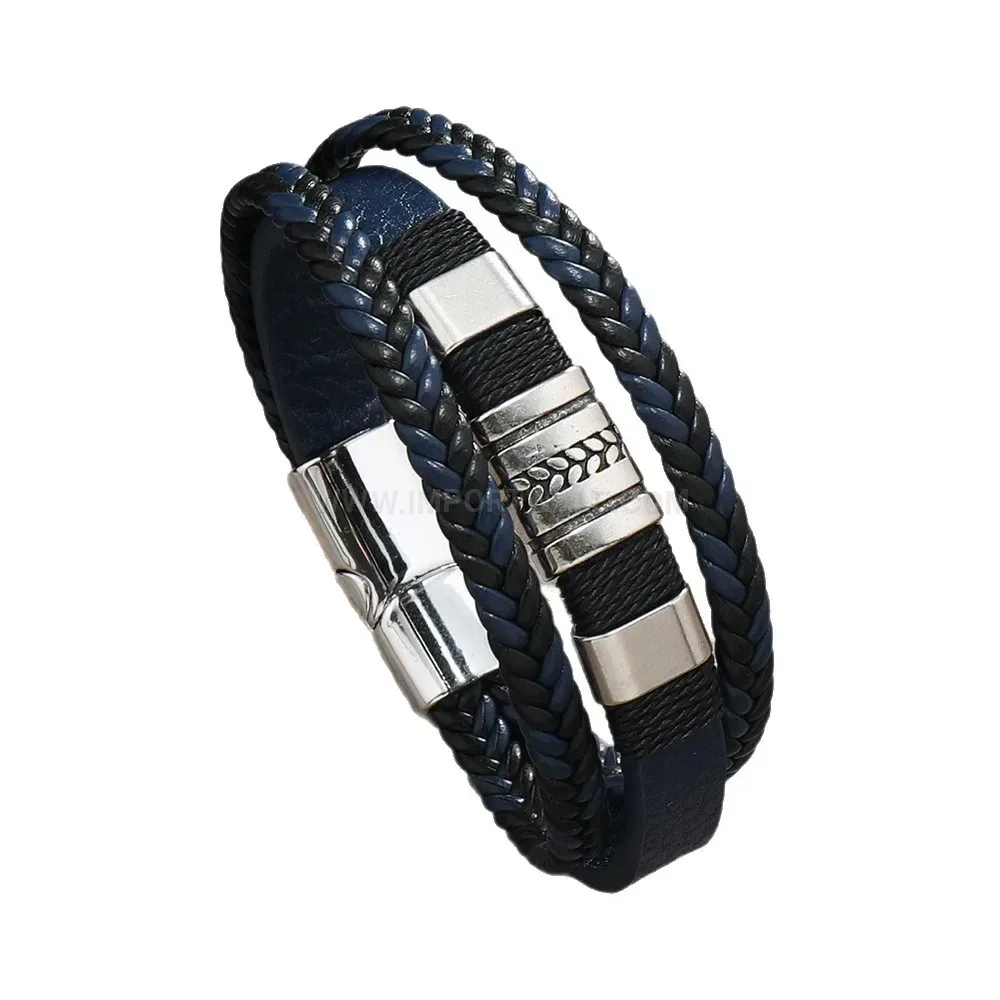 Designer Triple-Ring Engraved Leather Bracelet With Magnetic Closure