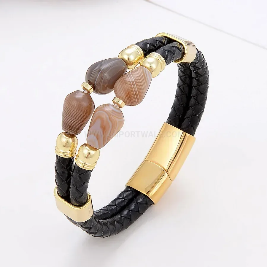 Double-Layer Woven Leather Stone Bracelet with Steel Buckle