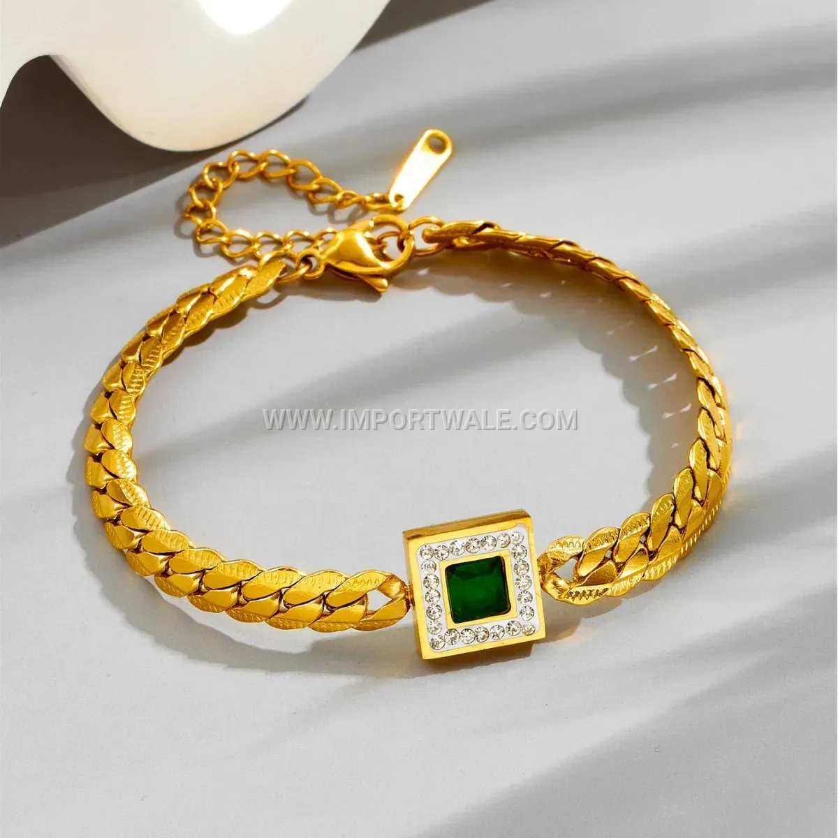 Double Layered Gold Titanium Steel Green Gemstone Anklet