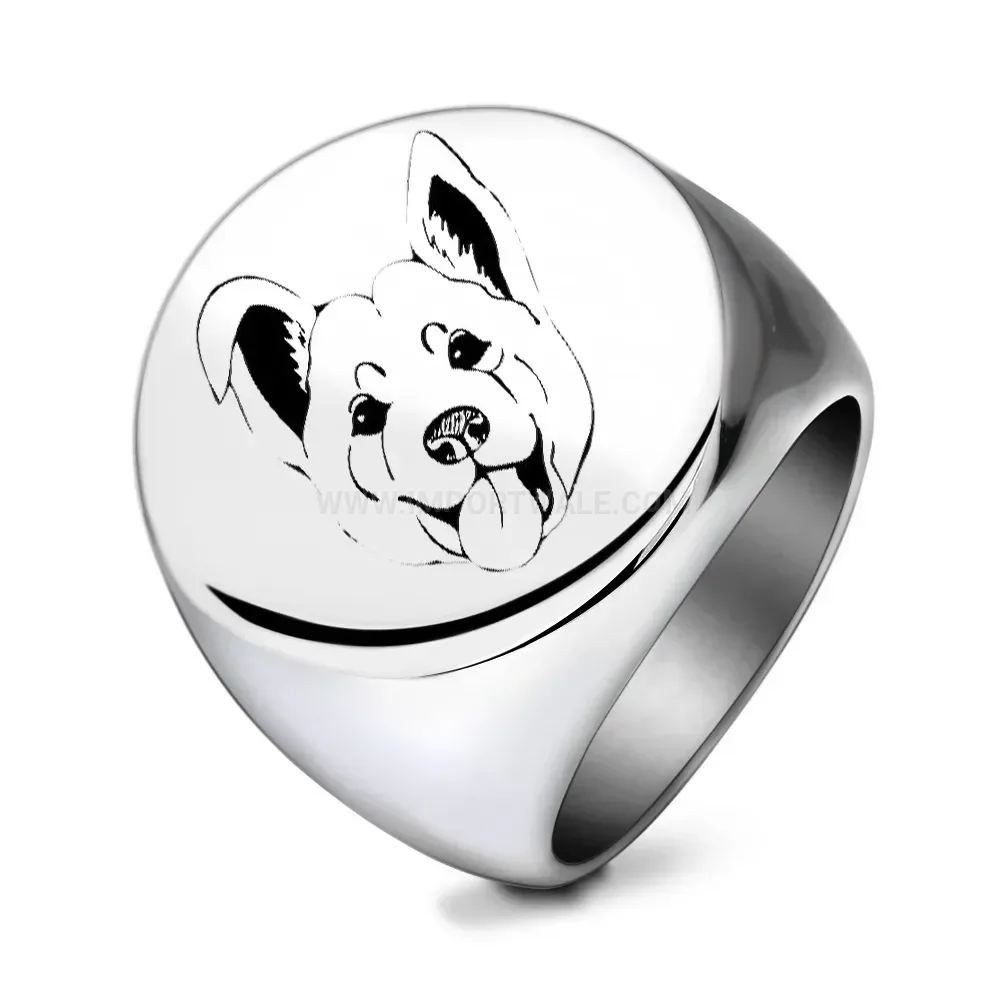 Designer Dog Motif Engraved Stainless Steel Minimalist Signet Ring
