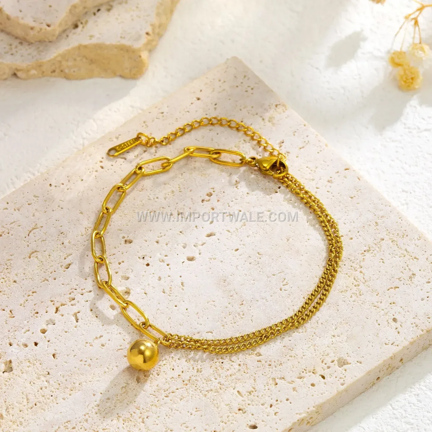 Gold Plated Stainless Steel Metallic Bead Anklet