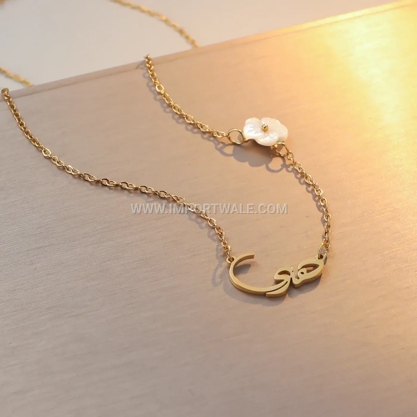 Gold Plated Stainless Steel Arabic Script Shell Flower Pendant Necklace