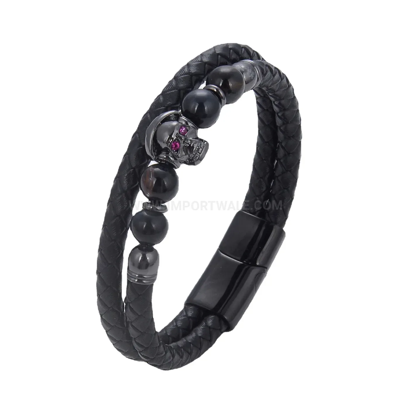 Double Layer Woven Leather Stone Bracelet with Skull Steel Clasp