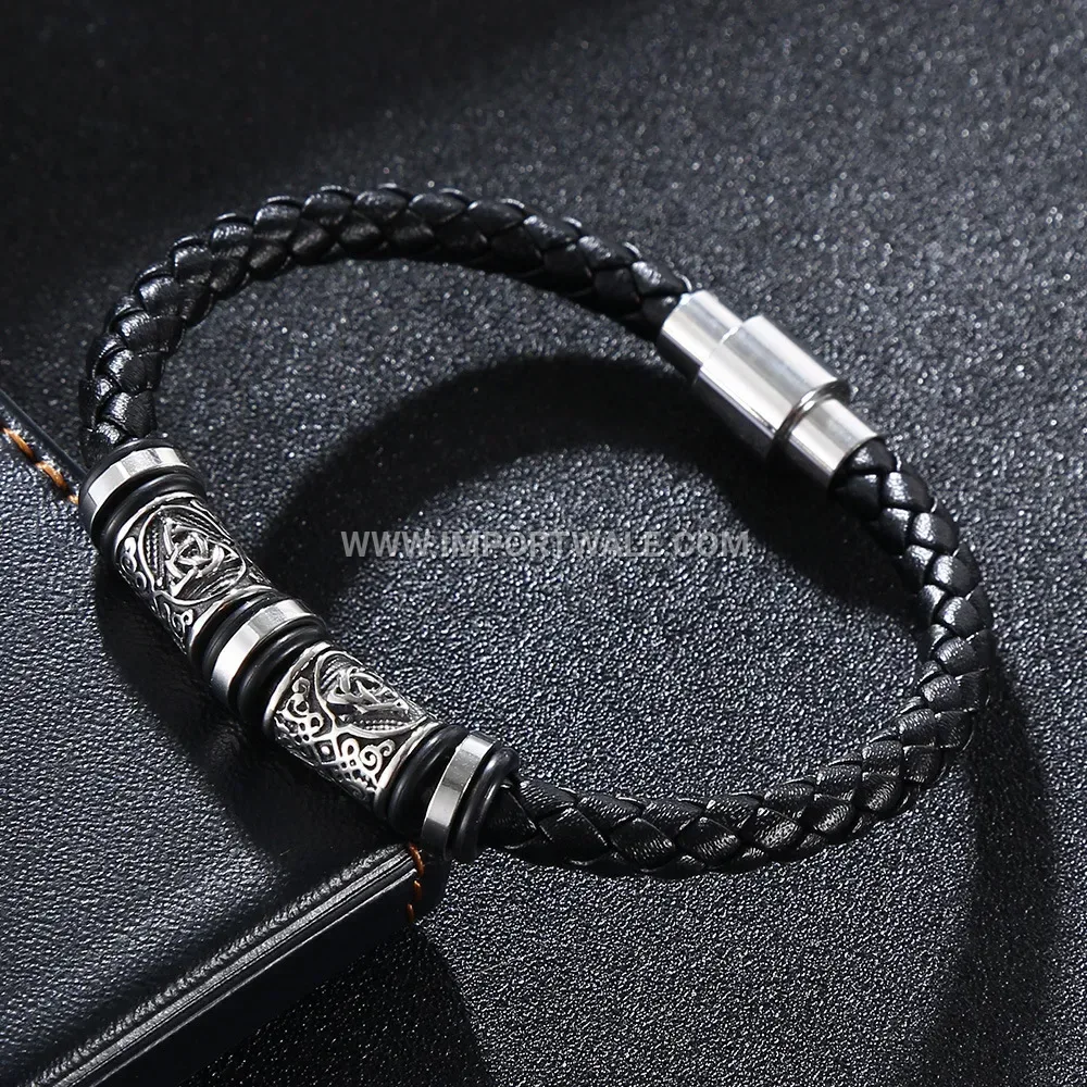 Carved Stainless Steel Viking Pattern Genuine Leather Bracelet