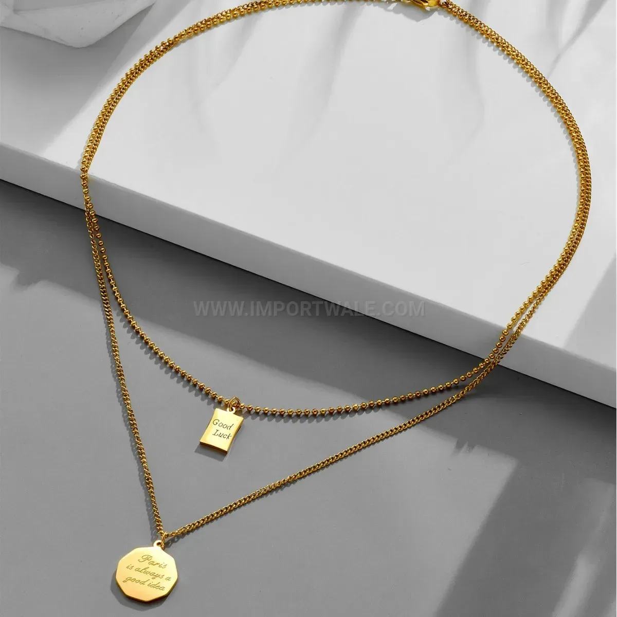 Classic Layered Titanium Steel Square Tag Engraved Pendant Necklace