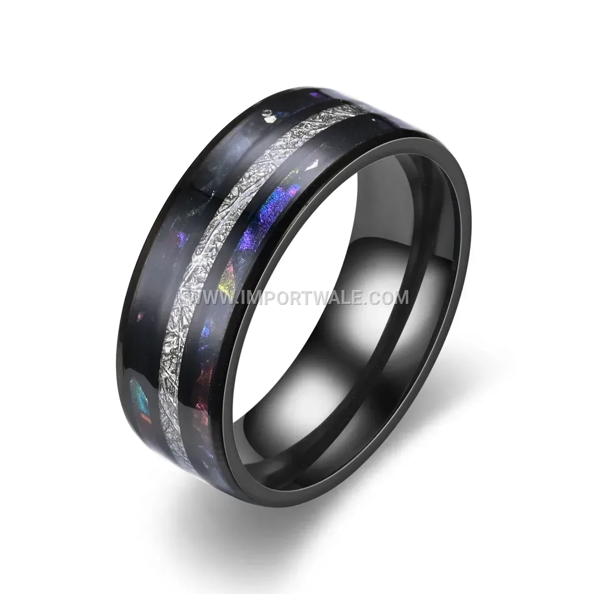 Black Silk Inlay Double Shell Stainless Steel Ring