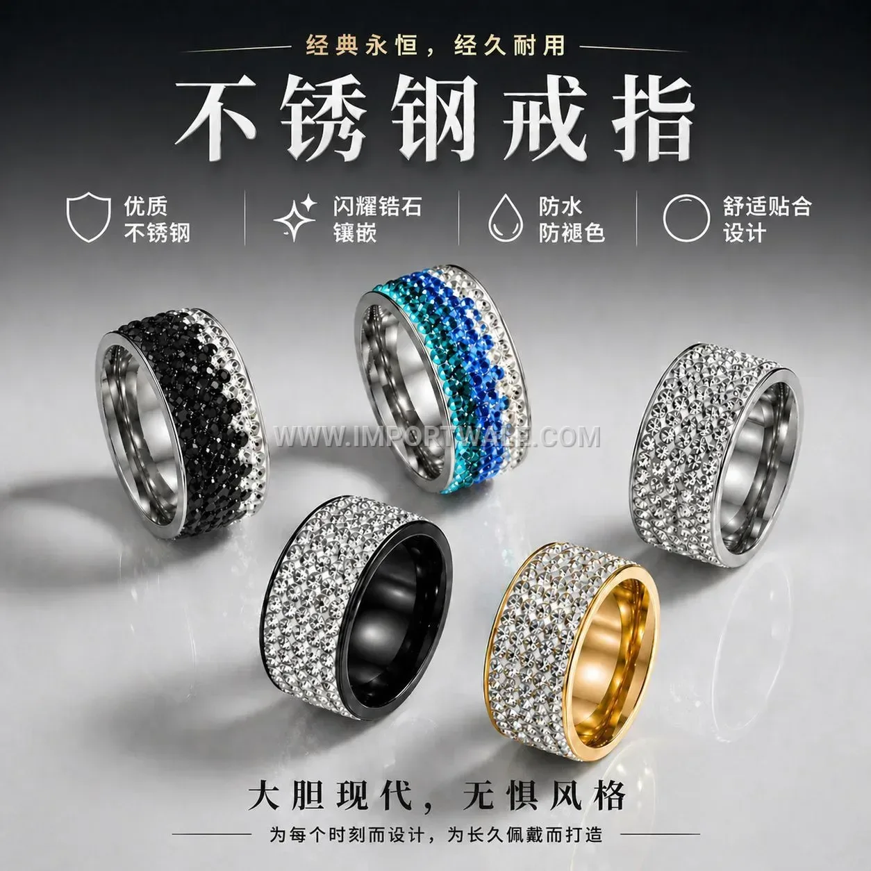 Five-Row Crystal Plated Stainless Steel Statement Ring