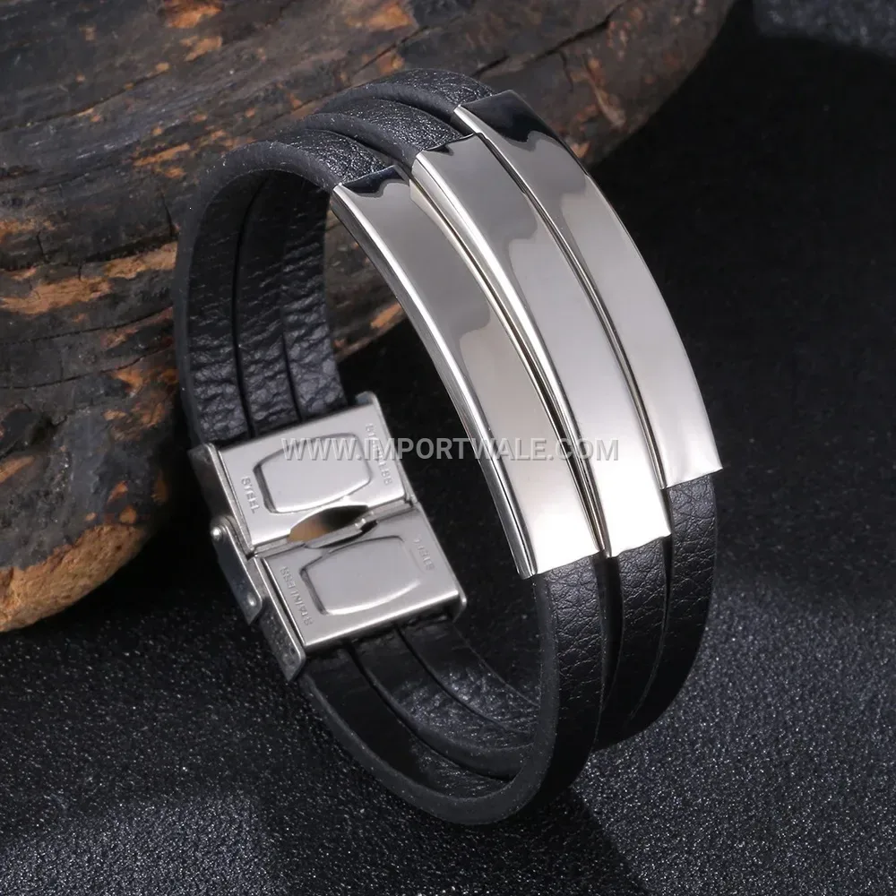 Sleek Stainless Steel Black Leather Cord Wristband