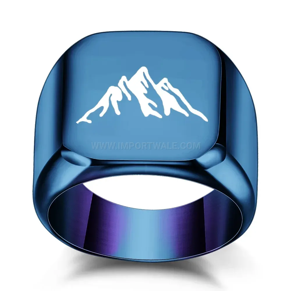Bold Laser Engraved Mountain Peak Stainless Steel Square Signet Ring