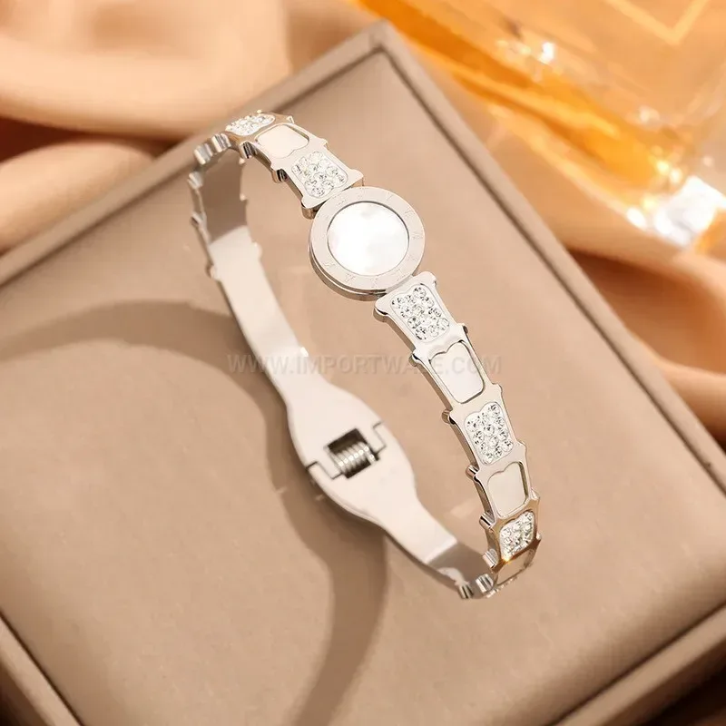 Classic Roman Numeral Mother of Pearl Crystal Titanium Steel Bangle