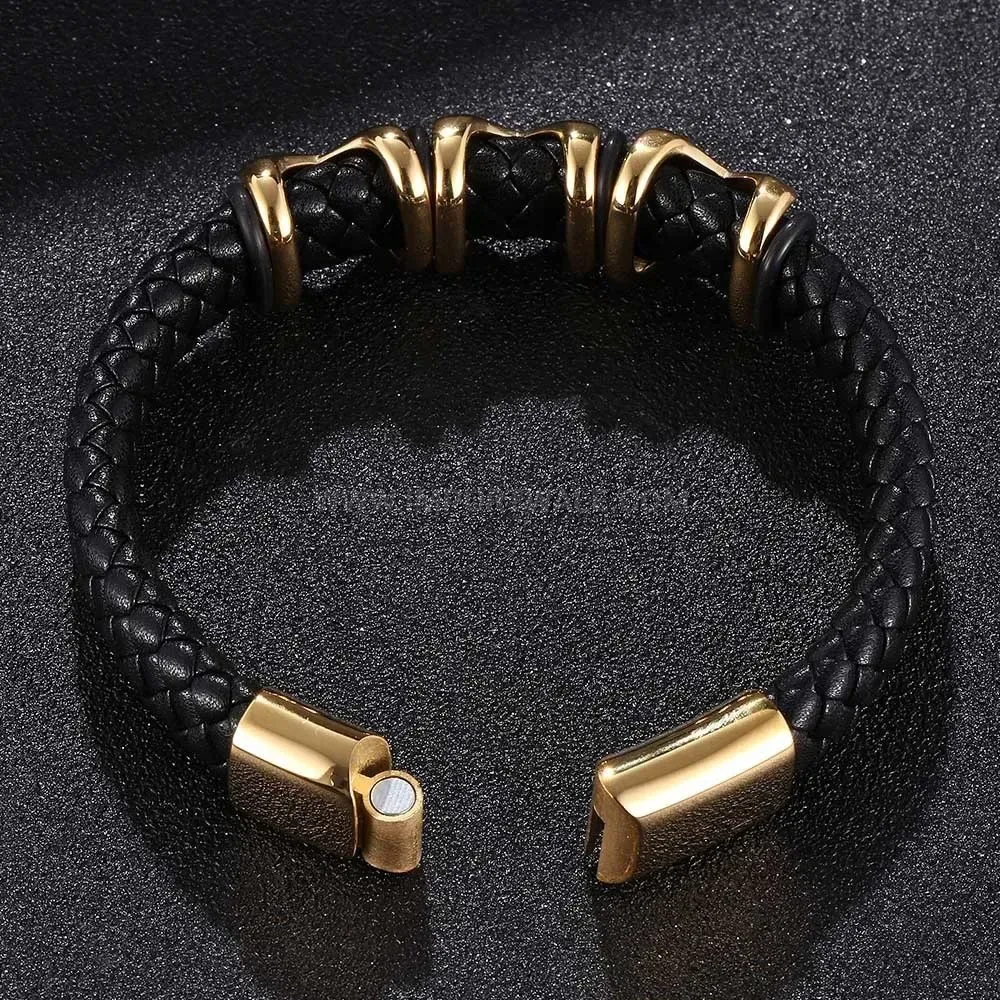 Gold Plated Stainless Steel Woven Leather Men Bracelet