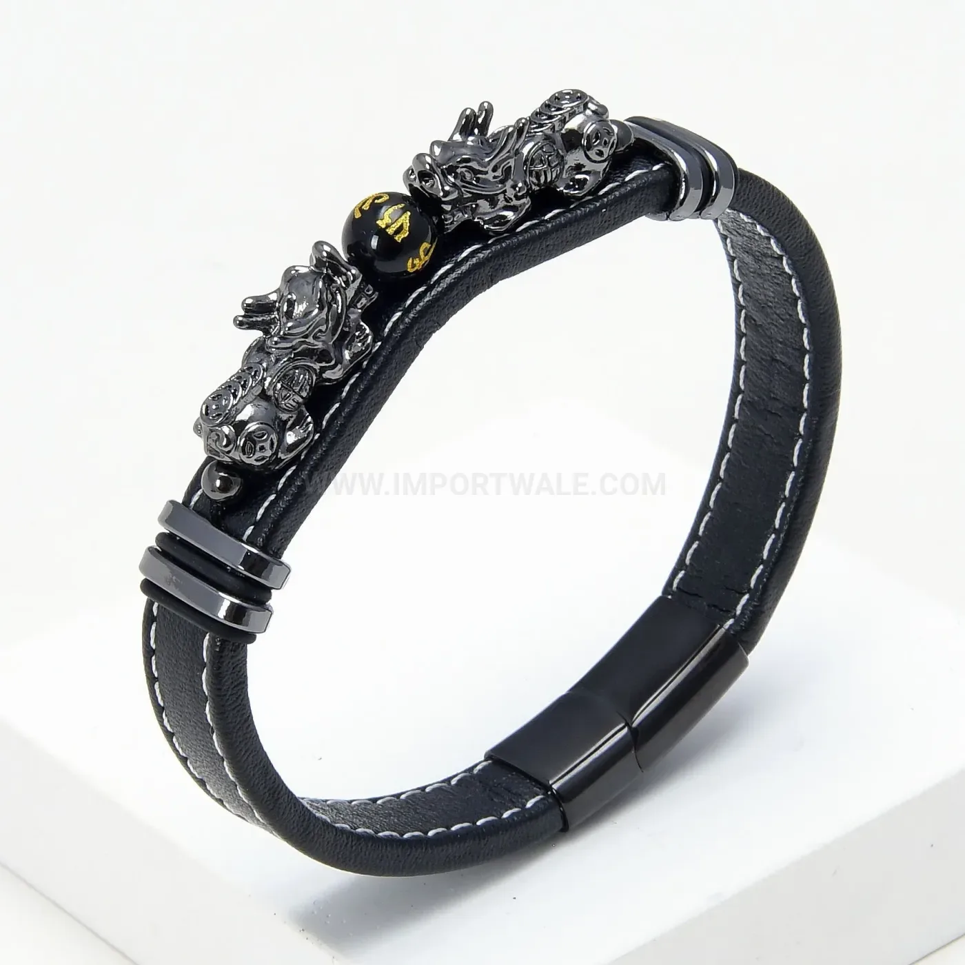 Men Retro Woven Leather Pixiu Bracelet With Natural Stone Accent