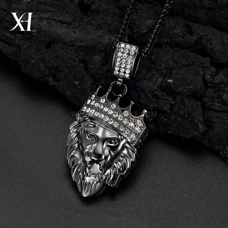 Bold Crowned Lion Head Rhinestone Pendant Long Necklace