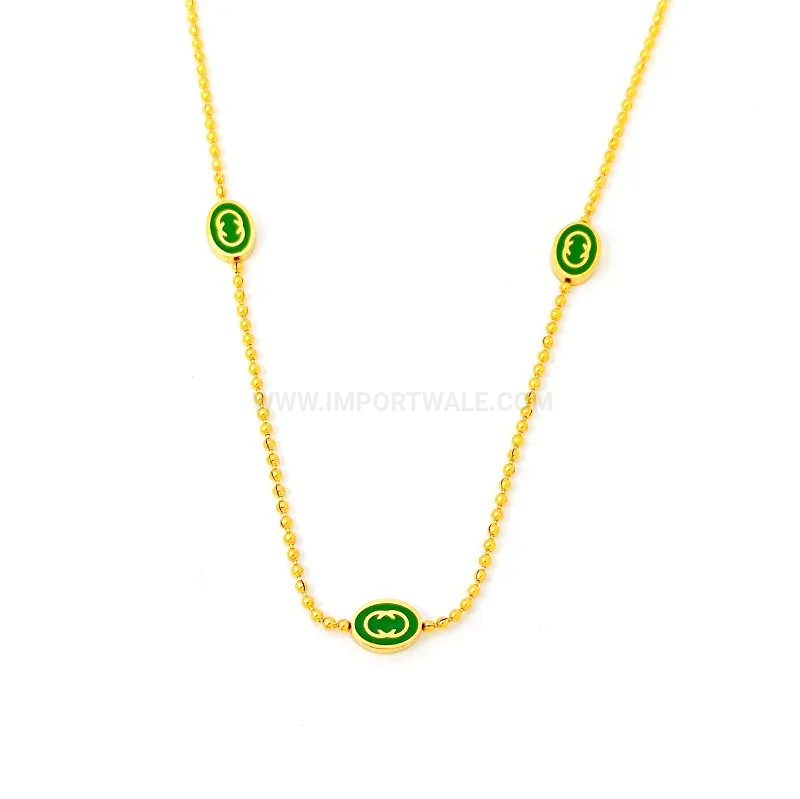 Gold Plated Titanium Steel Green Enamel Letter C Ball Chain Necklace