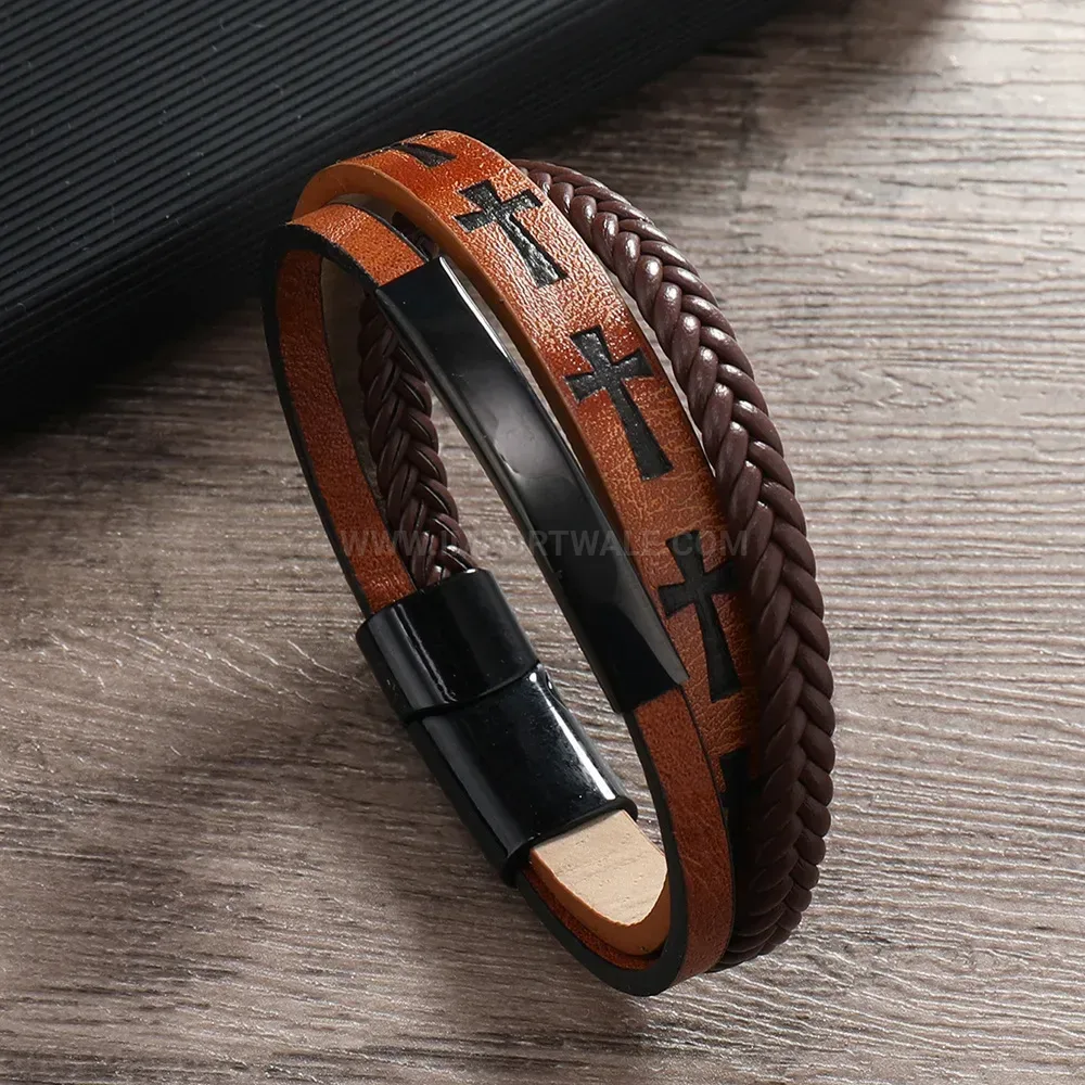 Fashion Retro Textured Double Strand Braided Leather Wristband For Men