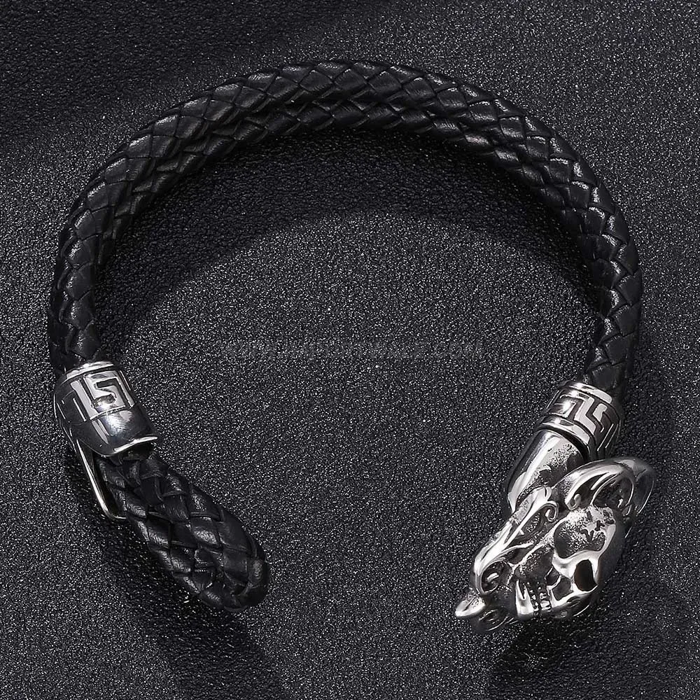 Double Wrap Black Leather Skull Accent Steel Bracelet