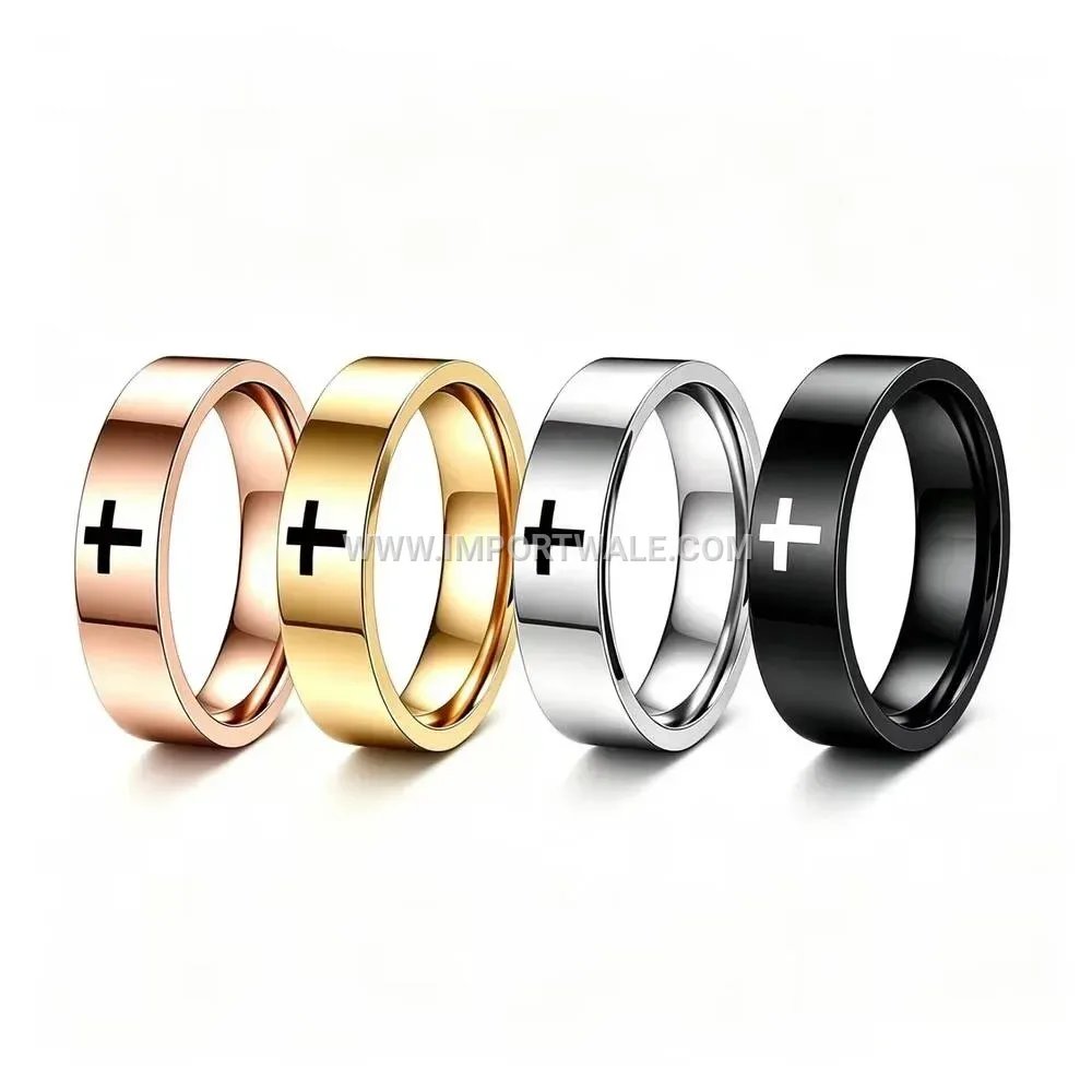 Laser-Engraved Flat Cross Band Ring in Stainless Steel
