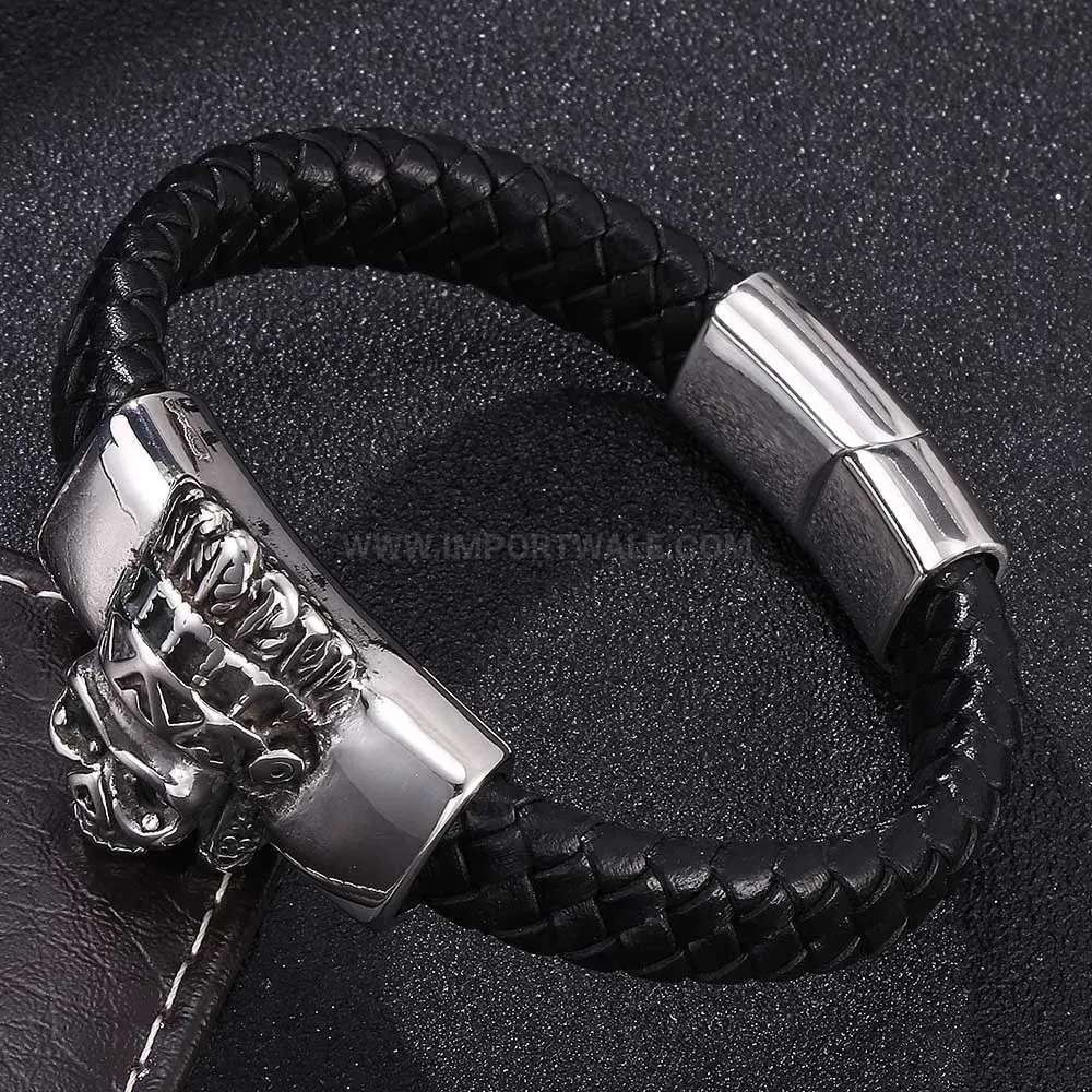 Stylish Vintage Skull Electroplated Stainless Steel Leather Wristband Bracelet