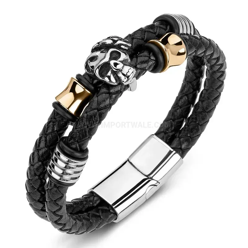 Bold Stainless Steel Rose Skull Beaded Genuine Leather Bracelet Accent