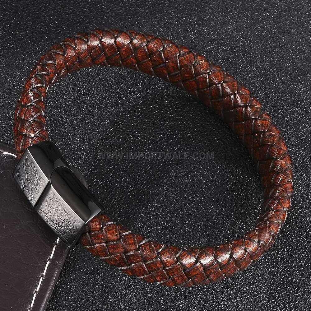 Woven Brown Leather Bracelet with Dark Stainless Steel Clasp
