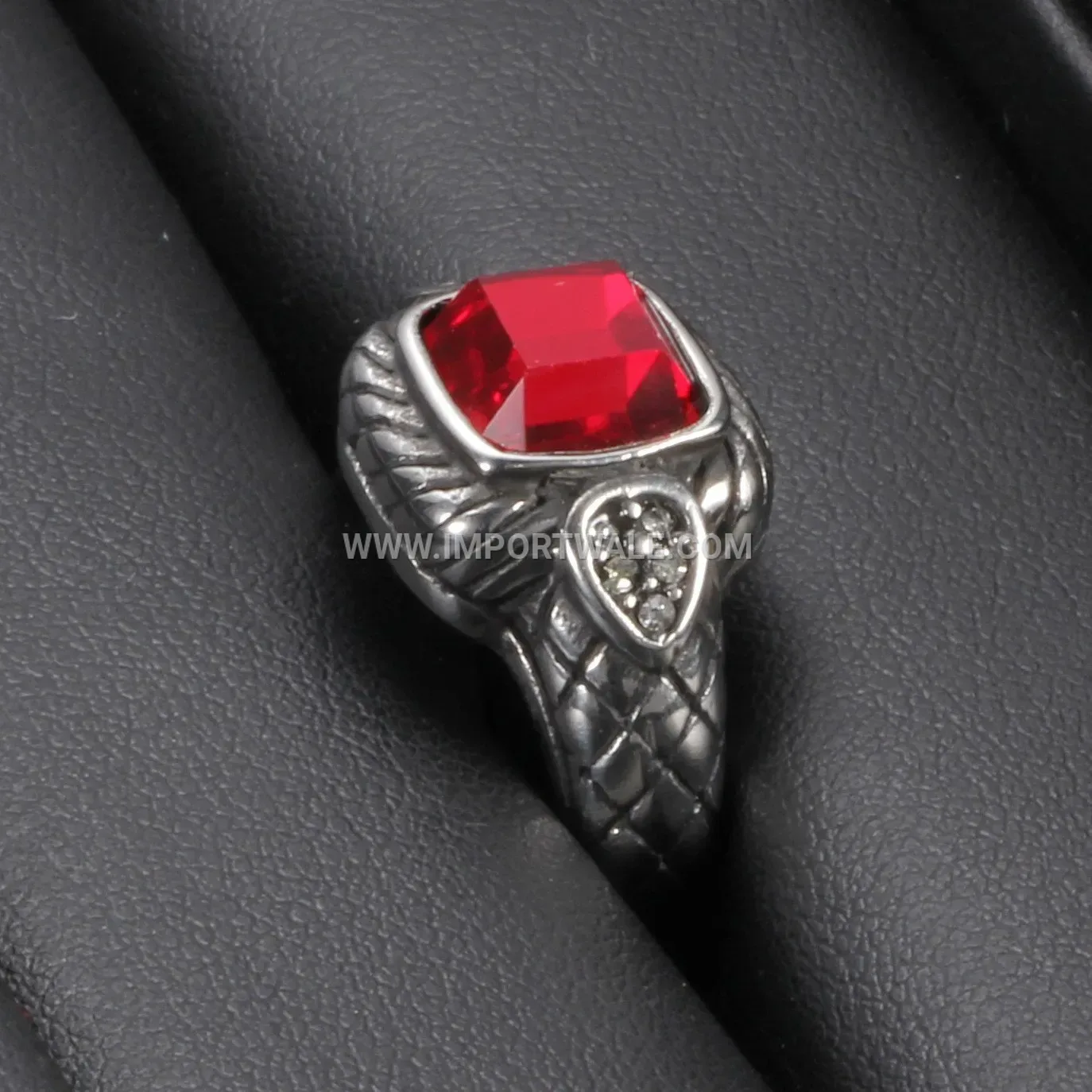 Vintage Snake Texture Stainless Steel Red Glass Ring