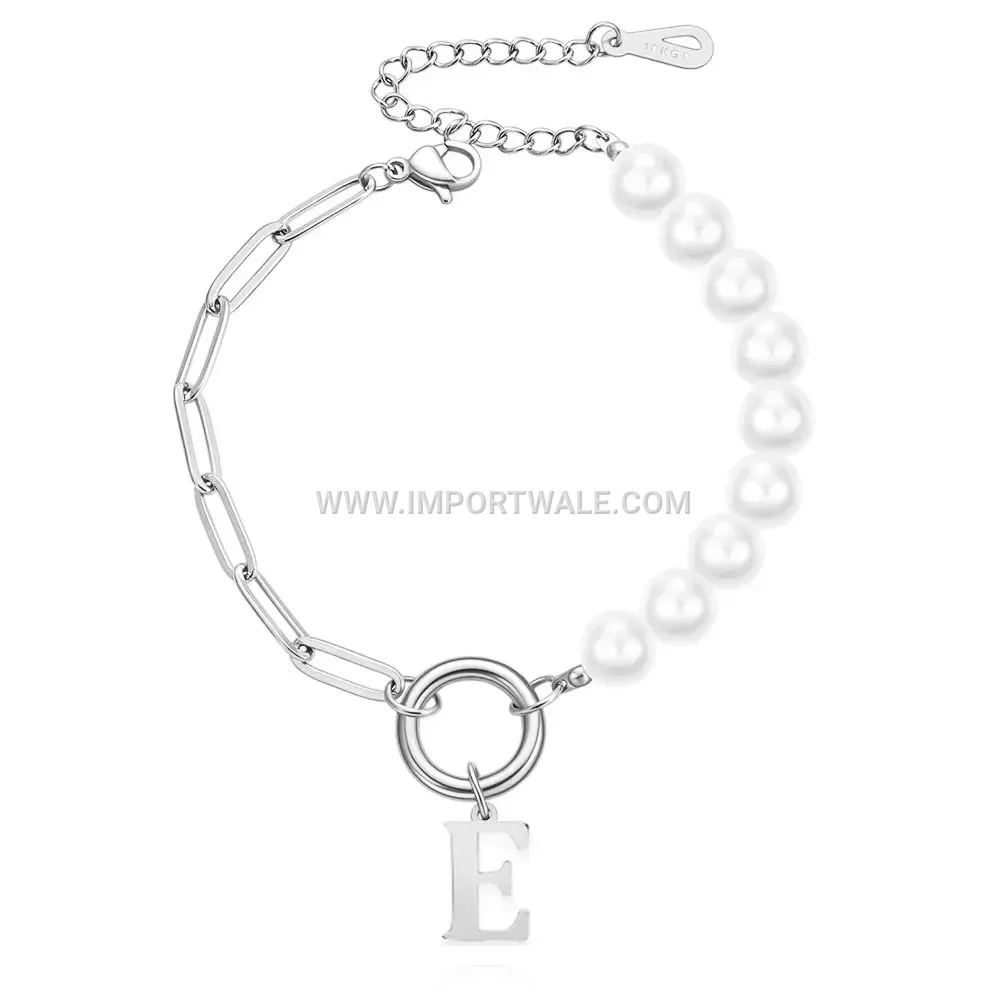 Imitation Pearl and Safety Pin Stainless Steel Initial Charm Bracelet