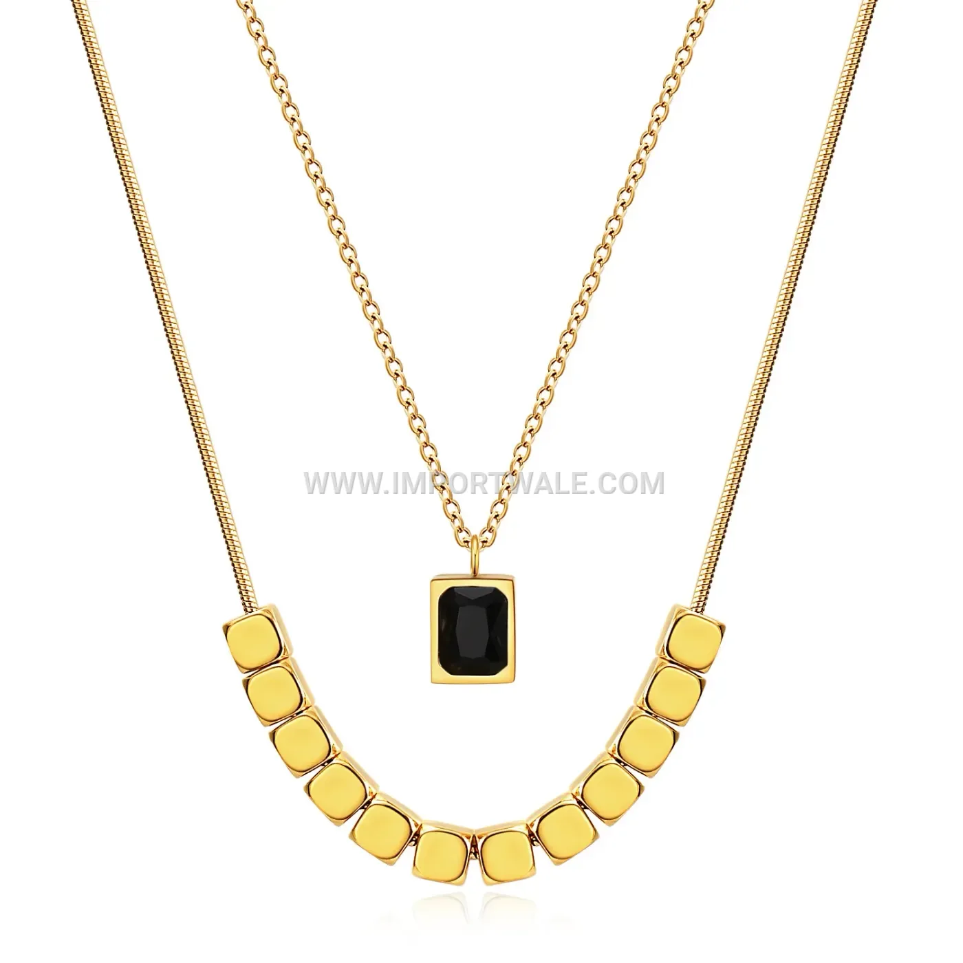 Layered Geometric Stainless Steel Cubic Zirconia Pendant Necklace