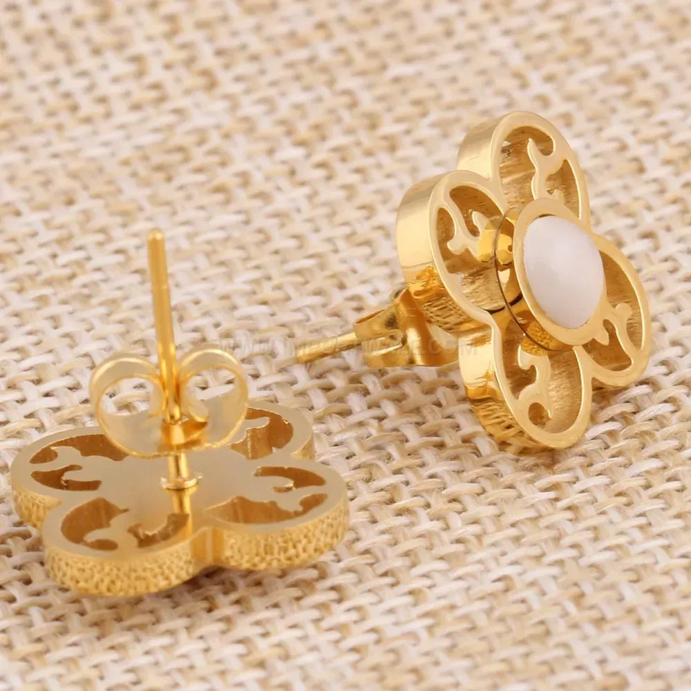 Elegant Gold Plated Stainless Steel Cat Eye Opal Floral Earrings