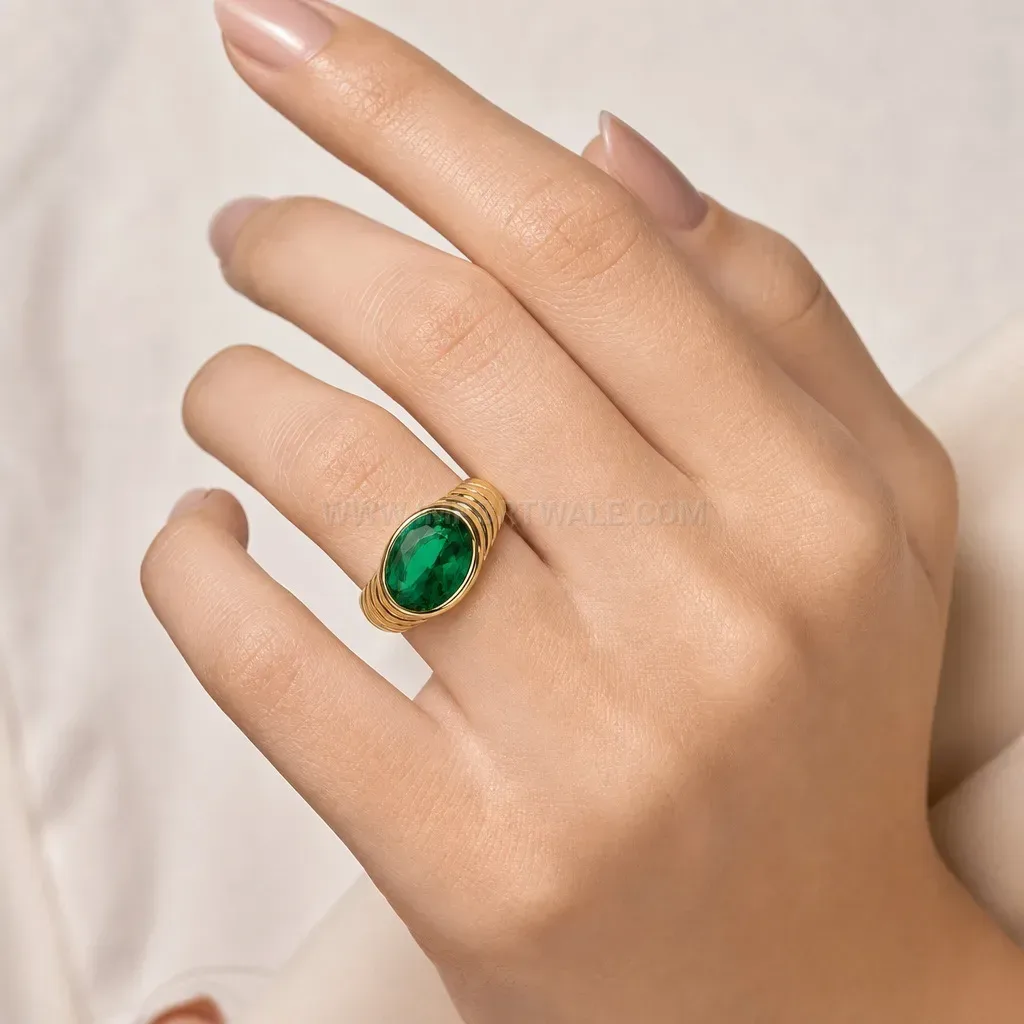 Stylish Striped Stainless Steel Ring Set with Green Gemstone Accent