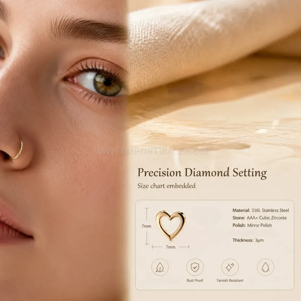 Modern Rhinestone Heart Stainless Steel Nose Ring Piercing Set