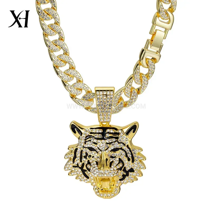 Trendy Iced Out Tiger Head Alloy Pendant Cuban Chain Necklace