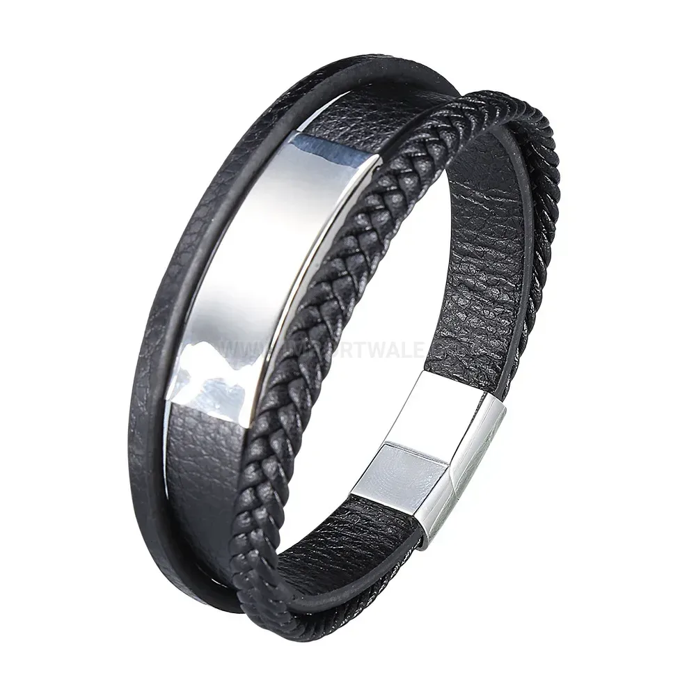 Multi Layer Leather Bracelet with Stainless Steel Accent