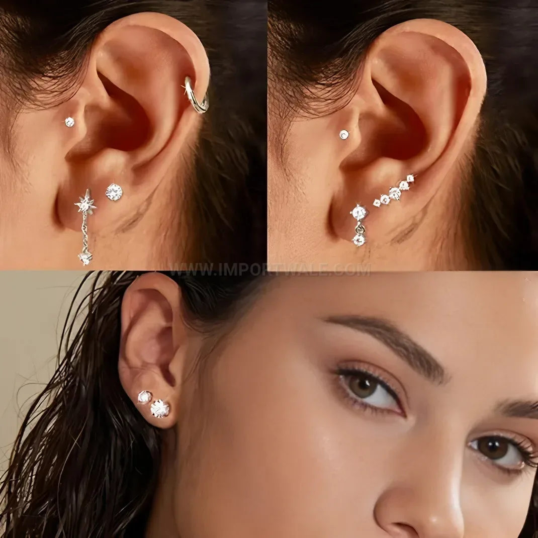 Bold Sparkling Floral Zircon Stainless Steel Cartilage Piercing Stud Set