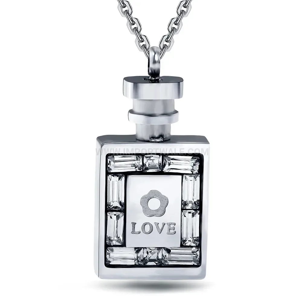 Engraved Love Perfume Bottle Stainless Steel Pendant Necklace